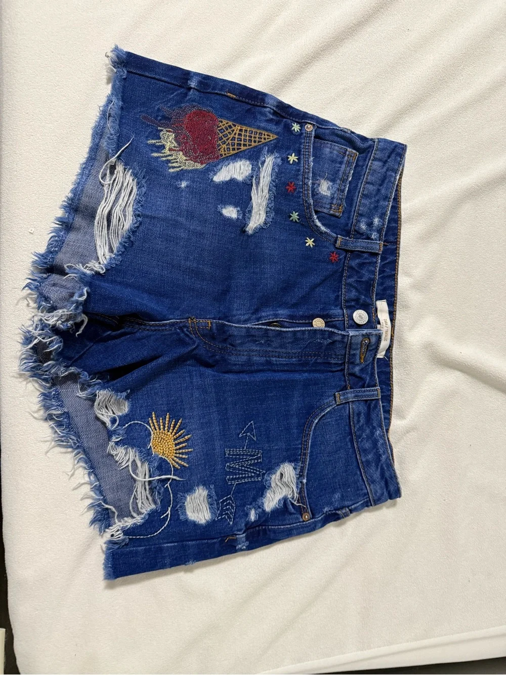 Zara Blue Distressed Denim Shorts with Embroidered Sun & Ice Cream